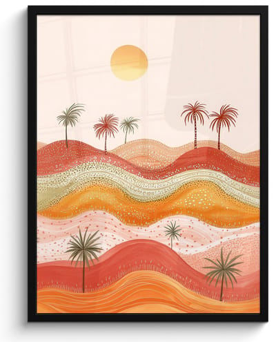 Poster in lijst - Fotolijst 60x80 cm - Posters - Abstract landschap - Palmbomen - Kleurrijk - Posterlijst zwart - Decoratie - Wanddecoratie woonkamer - Muurdecoratie slaapkamer