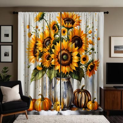 2 pièces HD Vase de Thanksgiving Tournesol citrouille Rideau Cravate jaune Rideau imprimé numériquement Style Décoration de maison Décorer salon W52H63inchW132H160cm orange