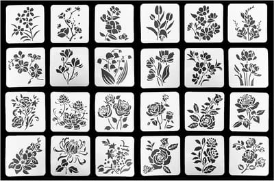 SnelShoppen - 24 Stuks PET Bloem Stencils - 4 Stijlen (Roos, Tulp, Lelietje-van-dalen, Lotus) 13x13cm Herbruikbare Schilderstencils voor Scrapbooking,