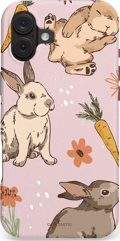 Casetastic hoesje geschikt voor Apple iPhone 16 Plus - MagSafe - Dubbellaagse bescherming - Hop hop knuffels - Fashion Case - Lichtroze Lichtgrijs Taupe Perzik