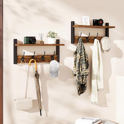 HEZIVO® Kapstok Hangend met Plank - Wandkapstok met Hoedenplank - Muur Bevestiging - Bruin