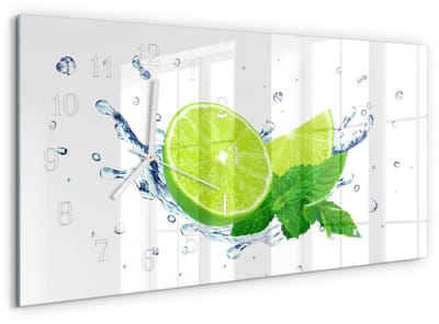 Tulup Wandklok - Citroenmunt Moderne Glazen Wandklok - 60x30 cm - Groente Wandklok Glas Met Motief - Witte Handen - Rechthoekige Wandklok - Gekleurde Glazen Klok - Glazen Klok Met Print