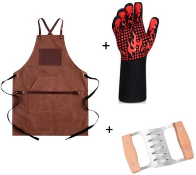 Maxium - BBQ schort inclusief hittebestendige handschoen & Vleesklauwen - BBQ schort - Cognac bruin - BBQ Handschoen - BBQ Klauwen - Hittebestendig - Keukenschort - Ovenhandschoen - Vleesklauwen - Pulled vlees klauwen - Pulled Pork