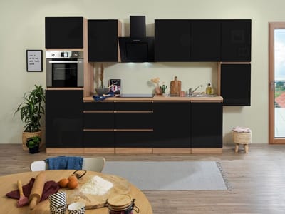 Goedkope keuken 330  cm - complete keuken met apparatuur Lorena  - Eiken/Zwart - soft close - inductie kookplaat - vaatwasser - afzuigkap - oven    - spoelbak