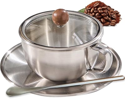 QTTVBTNA – 1 Stuk Koffiekopjes – RVS – Koffiekop en Schotel Set – Vintage Industriële Stijl – Metalen Latte en Theekop – Hittebestendig en Duurzaam – Geschikt voor Koffie, Thee en Latte – Voor Thuis, Kantoor en Café Gebruik – 300 ml – Zilver