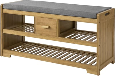Mara Schoenenbank - Schoenenrek - Schoenenkist - Met Zitkussen - 3 Manden - Bruin - Bamboe - 91 x 34 x 45 cm