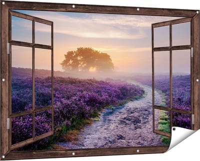 Gards Tuinposter Doorkijk Pad in de Weide van de Veluwe - 150x100 cm - Tuindoek - Tuindecoratie - Wanddecoratie buiten - Tuinschilderij