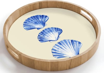 Dienblad rond 40x40 cm - Schootdienblad hout - Schelpen - Blauw - Beige - Borrelplank rechthoek - Plateau houten dienbladen