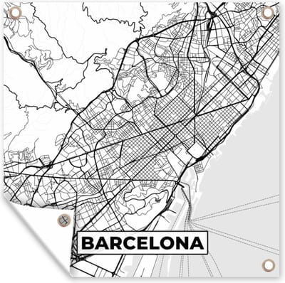 Tuin poster Kaart - Barcelona - Stadskaart - Plattegrond - Zwart Wit - 200x200 cm - Tuindoek