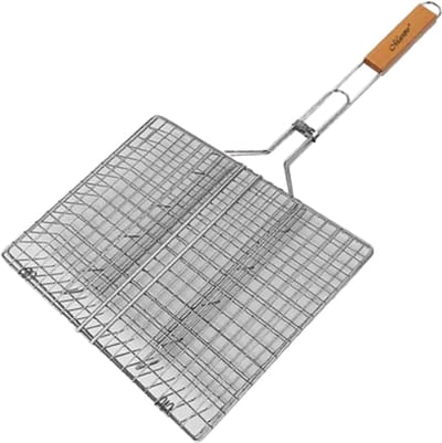 Maestro Drievoudig Barbecuerooster - 24 x 30 cm - Verchroomd Staal - Afsluitbaar met Houten Handvat - Barbecueklem