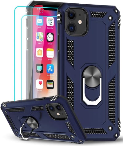 Hoesje Geschikt voor iPhone 12 Mini hoesje - Hardcase - Tough armor ring Donker Blauw + 2 stuks screenprotector
