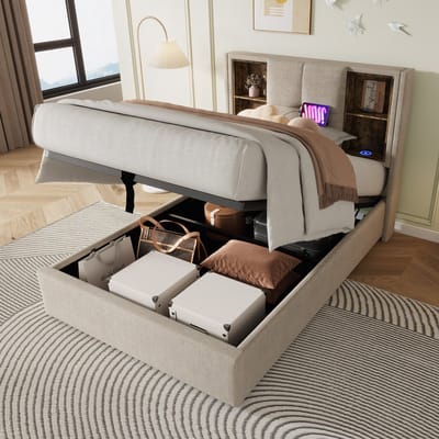 Sweiko Eenpersoonsbed - 90x200 cm - USB type C oplaadfunctie - Opbergruimte - Zonder matras - Linnen - Beige