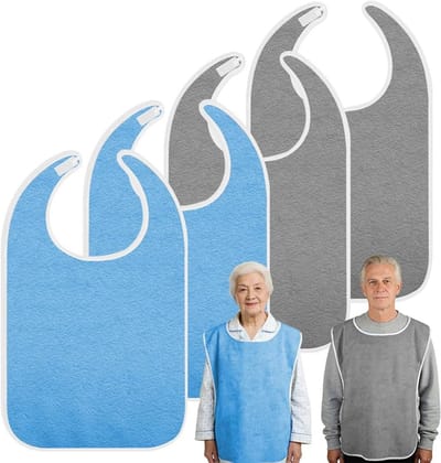 4-delige set - Revalidatie slabbetje - Voedingsschort - Slabbetje voor volwassenen - Unisex - Herbruikbaar - Wasbaar - Ontworpen voor voedingszorg - Geschikt voor ouderen en mensen met speciale behoeften - 45 x 75 cm - Grijs+Blauw