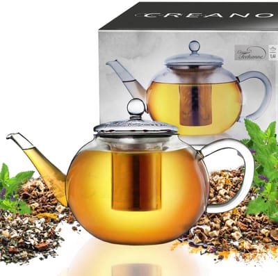 Creano glazen theepot 1,6l, 3-delige glazen theepot met geïntegreerde roestvrijstalen zeef en glazen deksel, ideaal voor het zetten van losse thee, druppelvrij, all-in-one