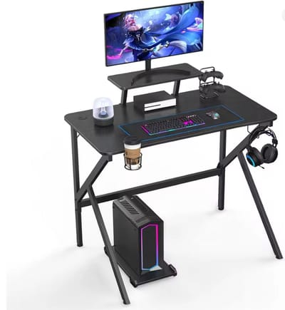 Gaming Bureau met Monitorverhoger - 100x55 cm - Inclusief Bekerhouder & Headsethaak - Carbon Look - Game Desk Zwart