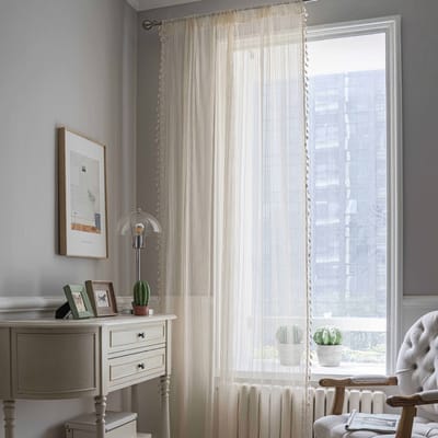 Boho-gordijnen voor de woonkamer Kanten gordijnen Stangzak Vintage kwastjes Decoratieve geometrische golven Gestreepte lichtfilterende gehaakte semi-transparante gordijnen voor de slaapkamer, beige,roedezakken,140x160cm