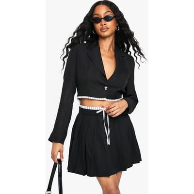 boohoo Dames Op maat gemaakte geweven cropped blazer met contrasterende zoom | Zwart | Maat: 36