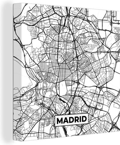 Canvas Schilderij Madrid - Zwart Wit - Stadskaart - Plattegrond - Kaart - 20x20 cm - Wanddecoratie
