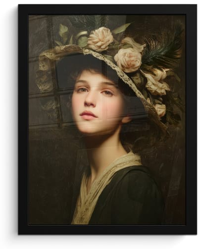 Poster in lijst - Fotolijst 30x40 cm - Posters - Bloemenhoed - Portret - Vrouw - Posterlijst zwart - Decoratie - Wanddecoratie woonkamer - Muurdecoratie slaapkamer