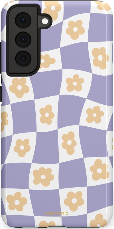 Casetastic hoesje geschikt voor Samsung Galaxy S21 FE 5G - Dubbellaagse bescherming - Kronkelende madeliefjes - Fashion Case - Lila Wit Zand Lichtgrijs