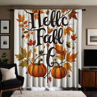 Ensemble de 2 pièces Rideau décoratif HD Citrouille jaune Thanksgiving et feuille d'érable Rideau imprimé numérique à nouer blanc Style Décoration d'intérieur W52H63inchW132H160cm white