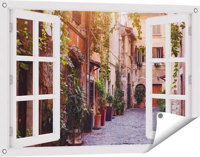 Gards Tuinposter Doorkijk Straatje in Rome met Groene Planten - 90x60 cm - Tuindoek - Tuindecoratie - Wanddecoratie buiten - Tuinschilderij