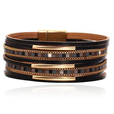 Deja Armband goudkleurig met zwart leer en mozaïek detail