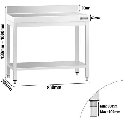 GGM Gastro Edelstahl Arbeitstisch PREMIUM - 800x700mm - mit Grundboden & Aufkantung Zilver