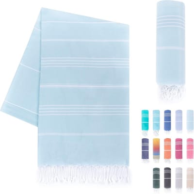 Thijox - Premium fouta hammam handdoek 95x180 cm - 100% katoen pestemal strandlaken met handgeknoopte franjes - Licht turquoise saunahanddoek voor str