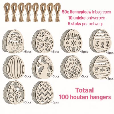 FSW-Products Houten Paashangers Set 100 stuks Paasdecoratie Inclusief 50x Touw met 10 Unieke Designs DIY