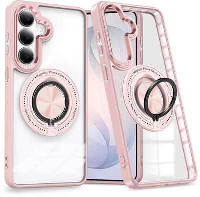 Magsafe Hoesje Geschikt voor Samsung Galaxy S26 hoesje Transparant Rose Goud - Met kickstand Draaibare Ring Houder