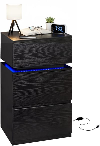 Casamoda Nachtkastje - H55 x B40 x D35 cm - 3 Lades - Verstelbare RGB LED-Verlichting Alle Kleuren - Draagkracht 110 kg - Modern Bijzettafel - Zwart