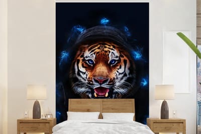 Behang - Fotobehang Portret - Tijger - Blauw - Breedte 145 cm x hoogte 220 cm