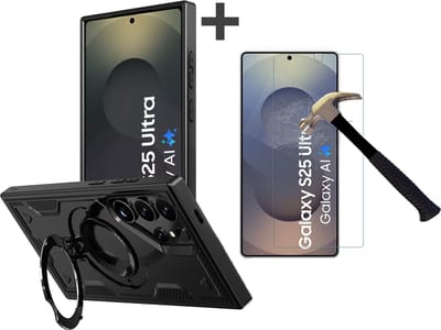 Hoesje Geschikt voor Samsung Galaxy S25 Ultra met gehard glas Screenprotector - Armor hoes met Ringhouder - Arara backcover - Zwart