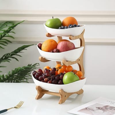 Famanu – Keramische fruitetagère 3 etages – bamboe standaard voor fruit en snacks