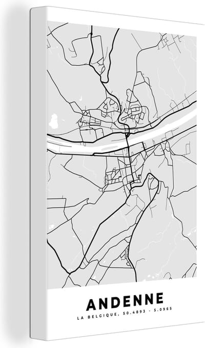 Canvas Schilderij Zwart Wit – België – Plattegrond – Stadskaart – Kaart – Andenne - 20x30 cm - Wanddecoratie