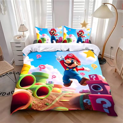 Kinder Dekbedovertrek Kussensloop Heet Cartoon Schattig M-Mario Beddengoed Set Volwassene Jongen Meisje Slaapkamer Decoratie Enkel Dubbel Grote Maat EU Single(135*200cm)3pcs