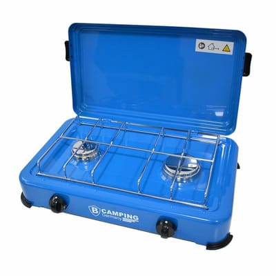 B-Camping kookpit/kookstel - 2-pits - blauw - metaal - 47 x 34 x 10 cm - voor gasflessen - gasfornuis