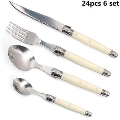 4/6/24 Stuks Laguiole Bestekset Steakmessen Vorken Soeplepels Theelepels Ivoorwit Kleur Plat Bestek Roestvrij Staal Tafelgerei Set