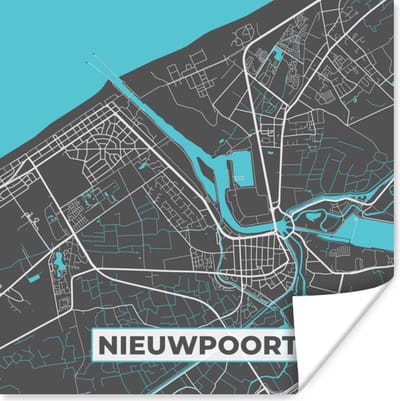 Poster Kaart – Plattegrond – Stadskaart – Nieuwpoort – België - Grijs - 100x100 cm XXL