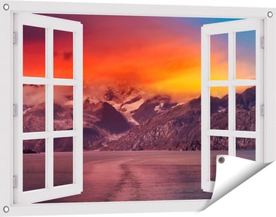 Gards Tuinposter Doorkijk Meer bij de Bergen bij Zonsondergang - 90x60 cm - Tuindoek - Tuindecoratie - Wanddecoratie buiten - Tuinschilderij