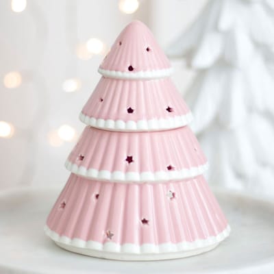 Roze Kerstboom Waxinelichthouder – Kerst Kaarsenhouder Keramiek – Moderne Pastel Kerstdecoratie – Winter Sfeerverlichting – Ook te gebruiken als Oliebrander – Kerst Ornament