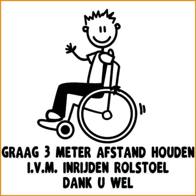 Rolstoelsticker - Invalidesticker - wit - 13 cm x 14 cm - Afstand houden - autosticker - jongensvariant - mindervalide sticker