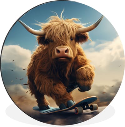 WallCircle - Wandcirkel - Muurcirkel - Schotse hooglander - Hoorns - Skateboard - Aluminium - Dibond - 30x30 cm - Binnen en Buiten