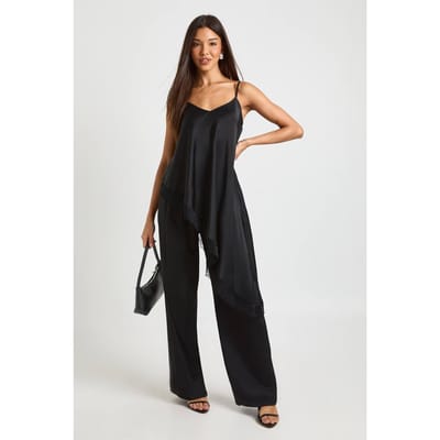 boohoo Dames Kanten Rand Satijnen Hemdjes & Broek Co Ord | Black | Maat: 6