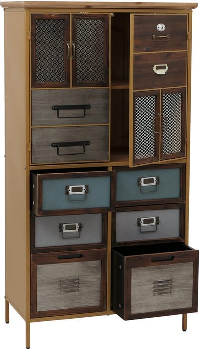 Apothekerskast MCW-O80, hoge kast met lades, vintage shabby-look 136x73x35cm, blauw metalen look