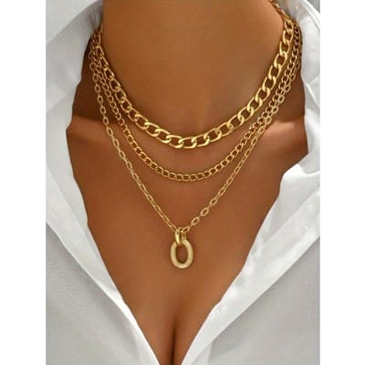 Collier Chaîne Métallique Multicouche Exagéré avec Pendentif, Bijoux Punk Personnalisés Mode Européenne et Américaine one-size or