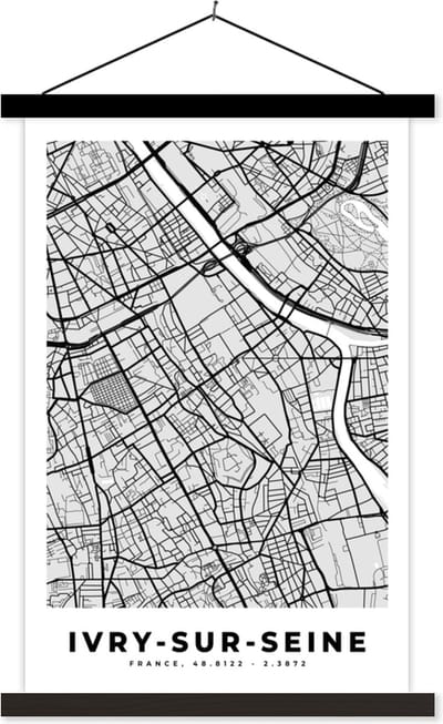 Posterhanger incl. Poster 40x60 cm - Schoolplaat - Kaart - Stadskaart - Frankrijk - Ivry-sur-Seine - Plattegrond - Textielposter - Zwarte latten - Stadskaart