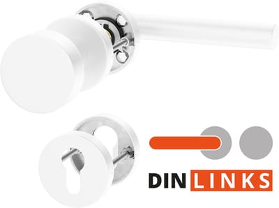 ERGO line NINA Links, Roestvrijstalen Witte Deurkrukset, Knop-Kruk, Garnituur met vaste deurknop en linker deurkruk, PZ-cilinder, Wit gepoedercoat roestvrij staal, Rozetgarnituur met deurknop, wisselgarnituur deurknop en deurkruk