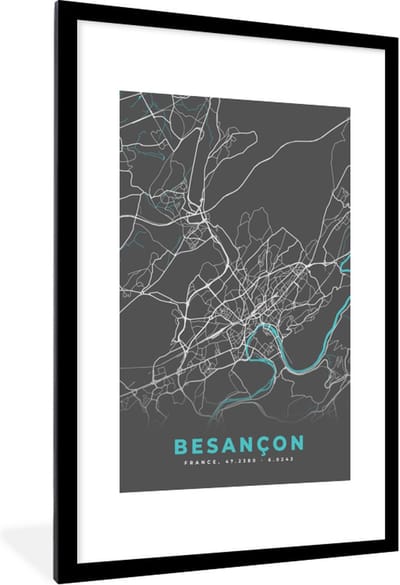 Fotolijst incl. Poster - Kaart - Plattegrond - Stadskaart - Besançon - Frankrijk - 80x120 cm - Posterlijst